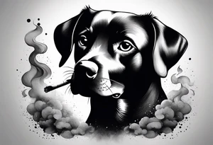 A black and white sketch of a cute dog with large, sad eyes, sitting and smoking a cigarette, with smoke swirling around its head tattoo idea