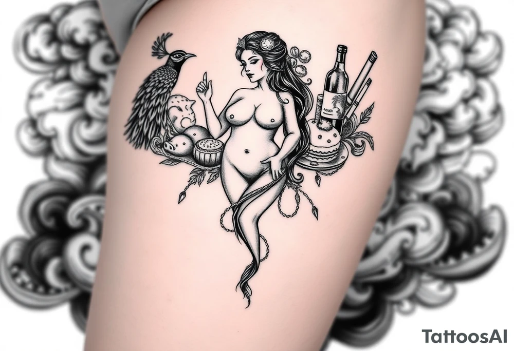 Storm clouds seven deadly sins and sexy naked fat woman, peacock, money ,pig , cigerette, cake, liquor bottle , sex, mirror razor blades, noose, menatar tattoo idea