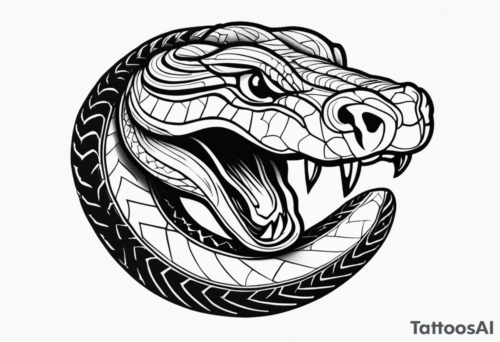black and white drawing of a snake head with copper eyes an open mouth with mountain bike tire tread for body tattoo idea