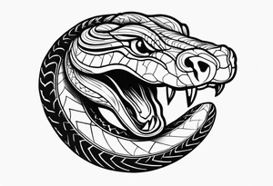 black and white drawing of a snake head with copper eyes an open mouth with mountain bike tire tread for body tattoo idea