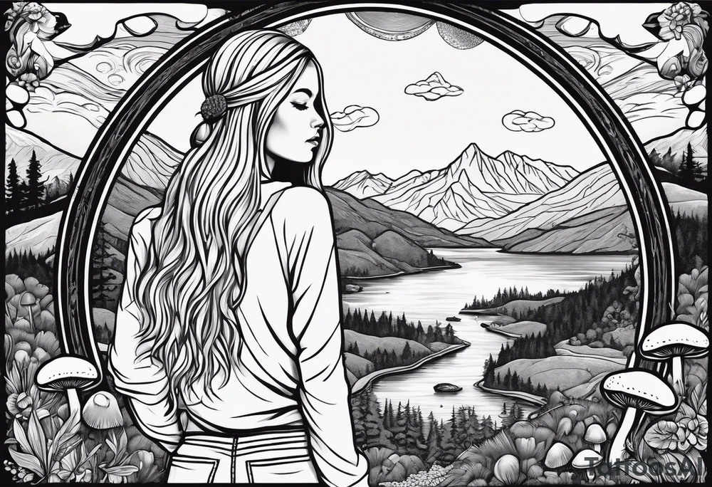 Whole picture encircled fully

Straight long blonde hair hippie girl in distance holding mushrooms in hand facing away toward mountains and creek surrounded by mushrooms long sleeve shirt and hiking pants; whole rendering within a full circle, no cut off circle tattoo idea