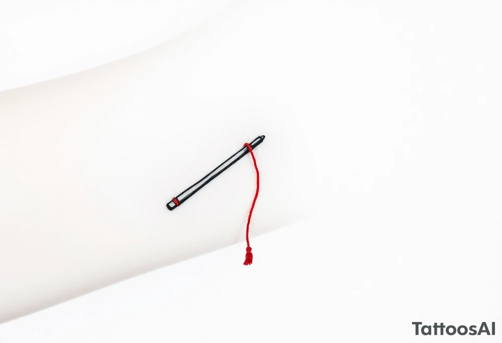 chinese chopsticks with a red thread by the end of it,
about 5cm long , 1 cm wide
it goes into the anterior part of the left wrist tattoo idea