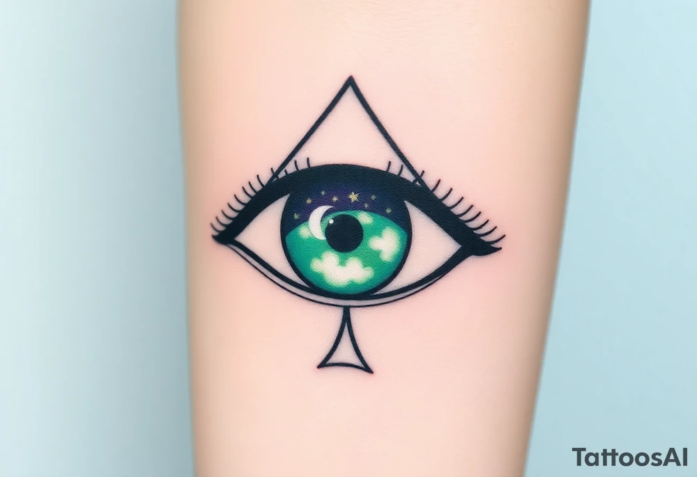 Large almond shaped outline of an eye with an eyeball in the shape of an ace of spades long black eyelashes eyecolored greenish blue vivid colors like green blue purple with a crescent moon stars and clouds inside of the eyeball tattoo idea