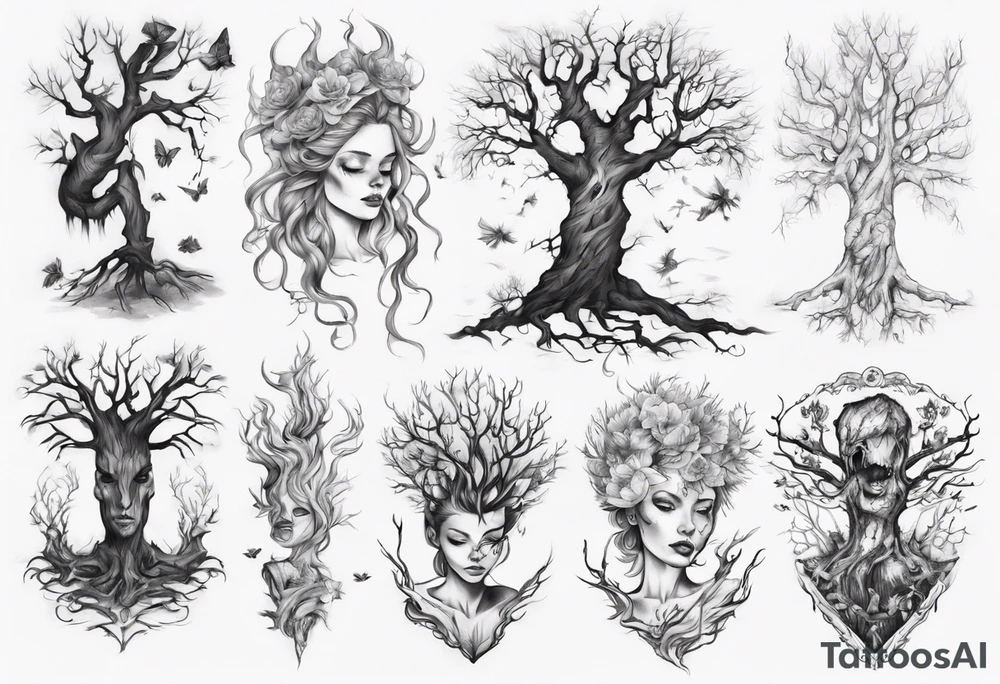 Dying tree girl tattoo idea