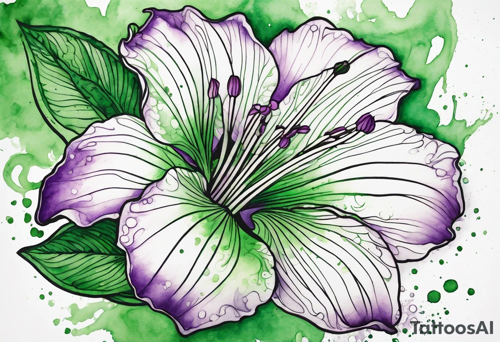 An outline of a green and purple rio dipladenia flower with a mystical green/purple watercolor splash in the background tattoo idea