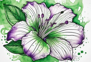 An outline of a green and purple rio dipladenia flower with a mystical green/purple watercolor splash in the background tattoo idea
