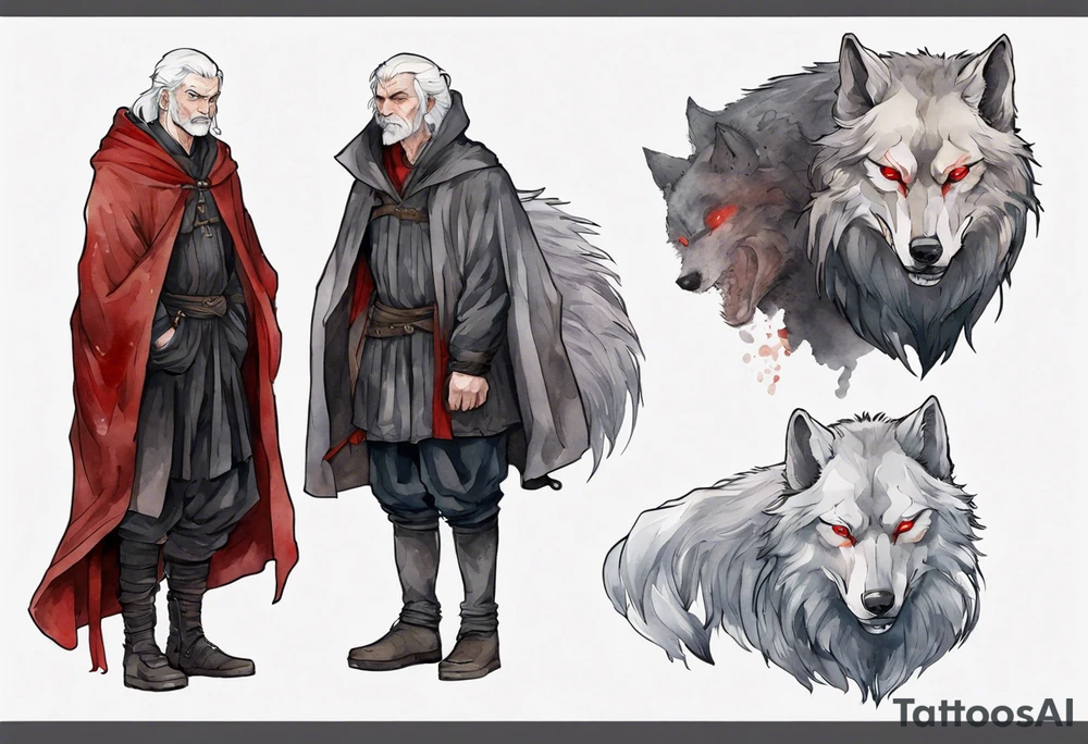 a gaunt medieval man with white hair, grey eyes, and a black cloak standing beside a massive grey wolf with red eyes tattoo idea