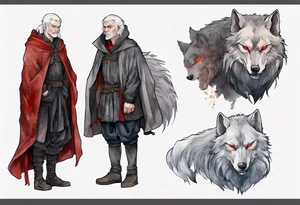 a gaunt medieval man with white hair, grey eyes, and a black cloak standing beside a massive grey wolf with red eyes tattoo idea