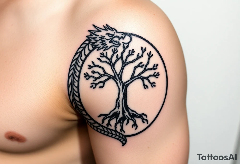 a dragon forming a circle with its body.  the dragon encircles the tree of life.  the dragon is eating the tree. the roots of the tree are strangling the dragon tattoo idea