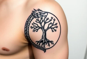 a dragon forming a circle with its body.  the dragon encircles the tree of life.  the dragon is eating the tree. the roots of the tree are strangling the dragon tattoo idea