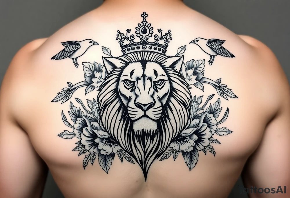 powerful majestic lion with a crown, surrounded by floral ornaments and birds tattoo idea
