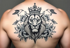 powerful majestic lion with a crown, surrounded by floral ornaments and birds tattoo idea