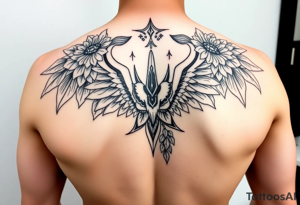 Can you help me design my next tattoo? I already have Polynesian-style tattoos covering one shoulder and part of my back, and I’m looking for ideas to fill the white space between them. I haven’t been able to come up with anything that works.

I’d like the new elements to be in a different style than Polynesian, but still visually cohesive so they complement the existing tattoos rather than clash with them. tattoo idea
