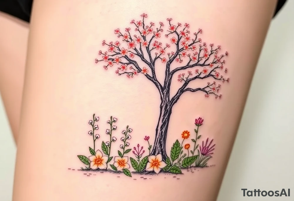 Lilly of the vally plants underneath a blooming hawthorn tree with other colorful plants on ground tattoo idea