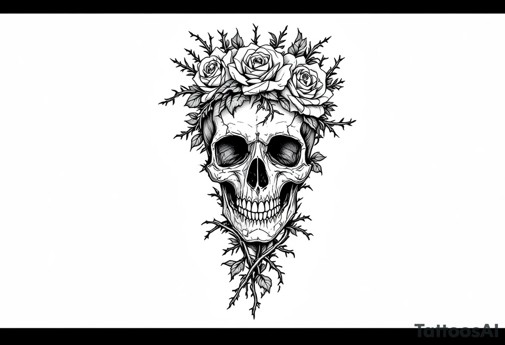 ornate skull adorned with crown of wild roses and thorns tattoo idea