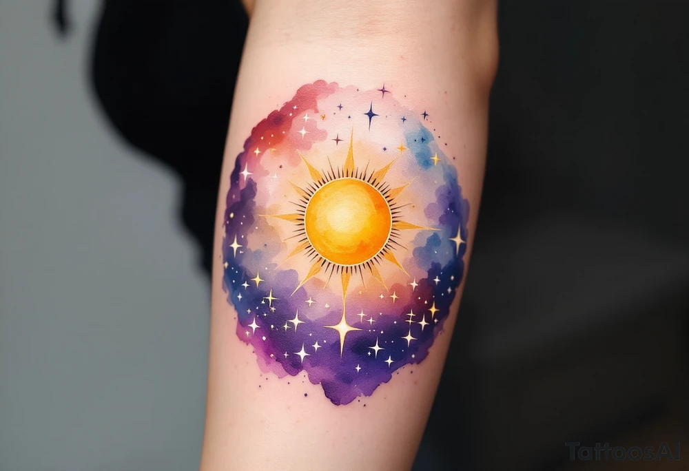 A circular design featuring the Sagittarius zodiac sign in the center, surrounded by a sun in golden yellow and star clusters in soft white. The background has a gradient of purple to dark blue, symbolizing Sagittarius' connection to both the sun and stars, representing enlightenment and wisdom. tattoo idea