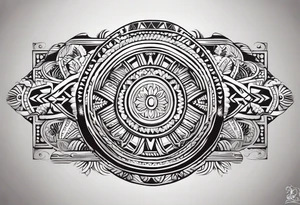 Ornement en longueur du coude à mi bras. Forme géométrique en longueur avec des signes aborigène australiens, un soleil, des vagues et des feuilles en rapport à l’Australie ou Bali. tattoo idea