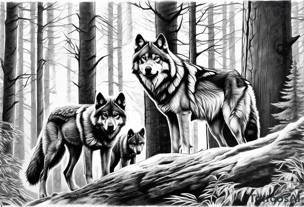 Alpha wolf in forest with 2 cubs tattoo idea