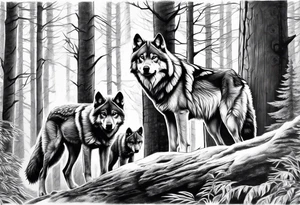 Alpha wolf in forest with 2 cubs tattoo idea