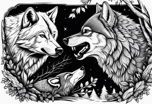 fight between Wolf and raccoon
Background Woods tattoo idea