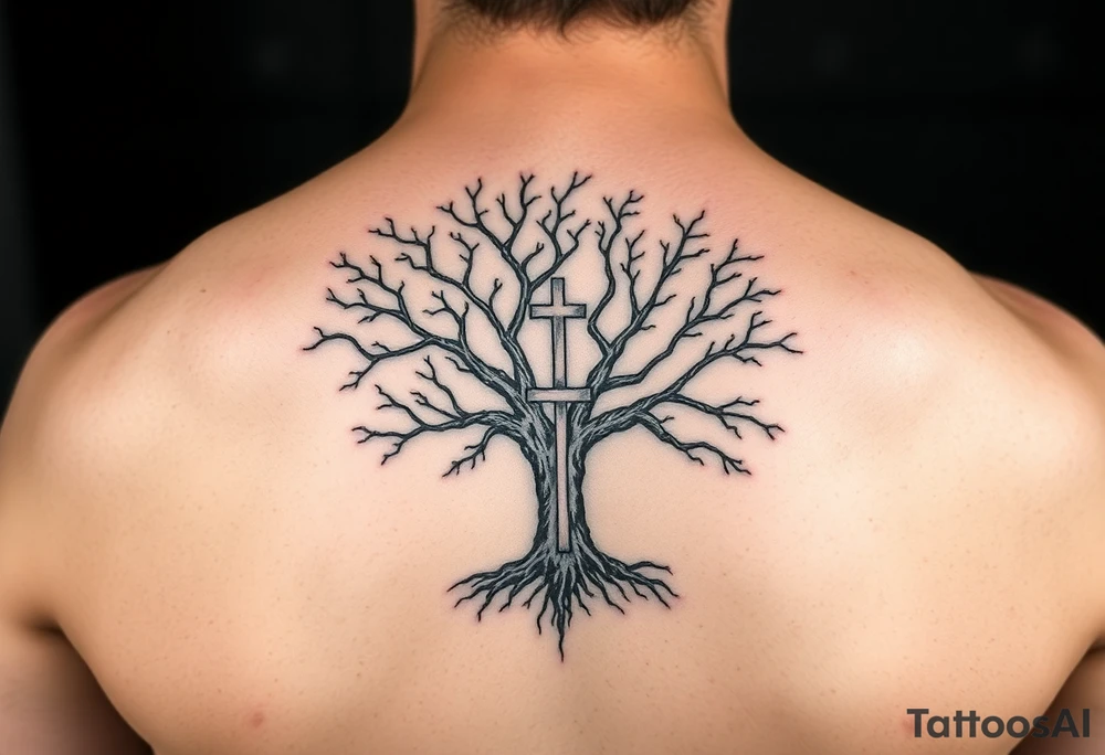 Strong tree inside start constellation map with a cross tattoo idea