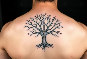 Strong tree inside start constellation map with a cross tattoo idea