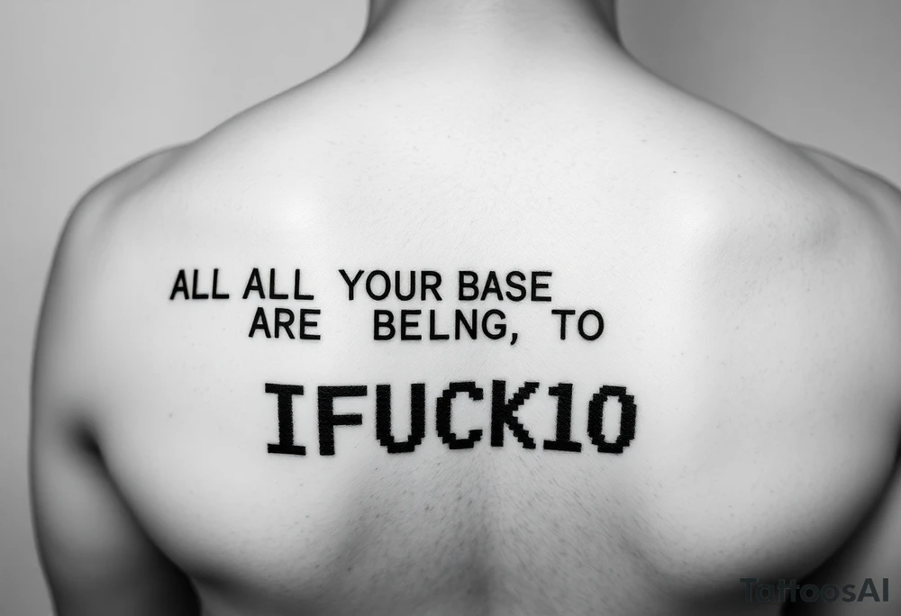 "Tattoo of a corrupted .txt file:  
Visible text: 'ALL YOUR BASE ARE BELONG TO US'  
Corrupted parts: 'IFUCK10' repeated in hex-code.  

Style: Data moshing. Black ink, forearm." tattoo idea