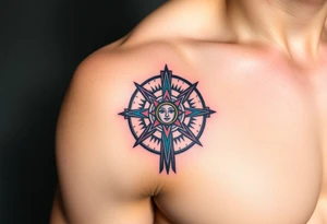 A Sun Dial in the Shape of a Cross with Egyptian Symbols (only red , blue and black are possible colors) tattoo idea