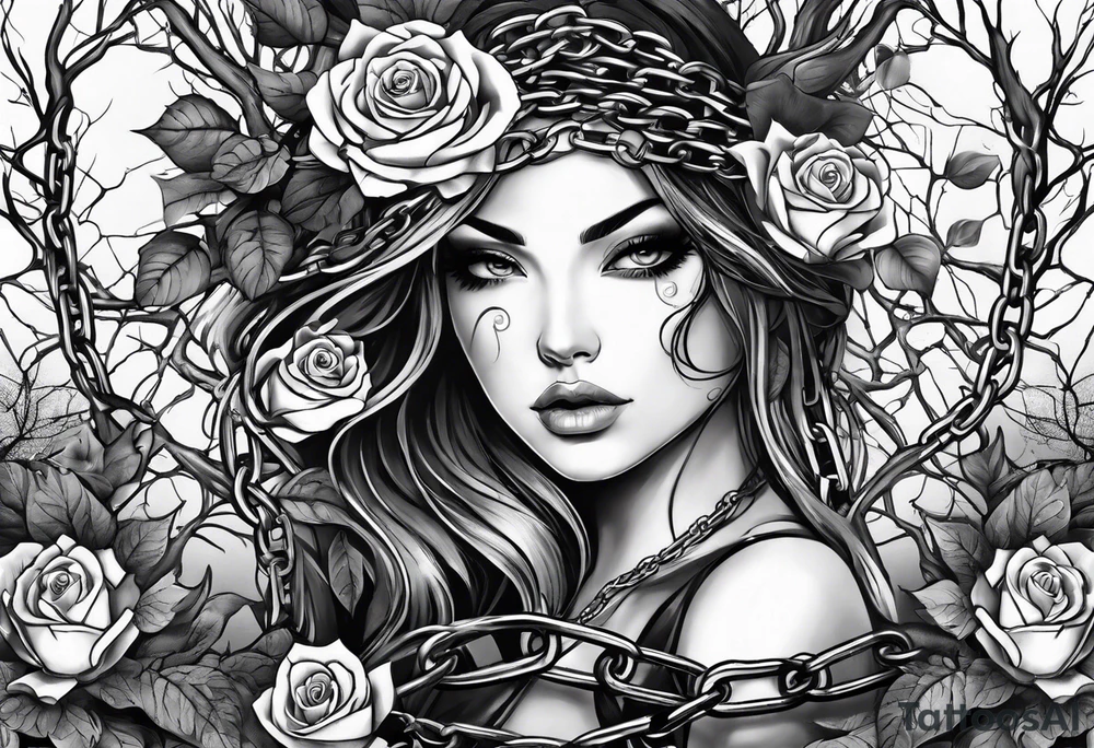 tattoo fool sleeve, tree roots break out of the chains, broken mask, girl, roses tattoo idea
