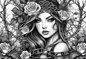 tattoo fool sleeve, tree roots break out of the chains, broken mask, girl, roses tattoo idea