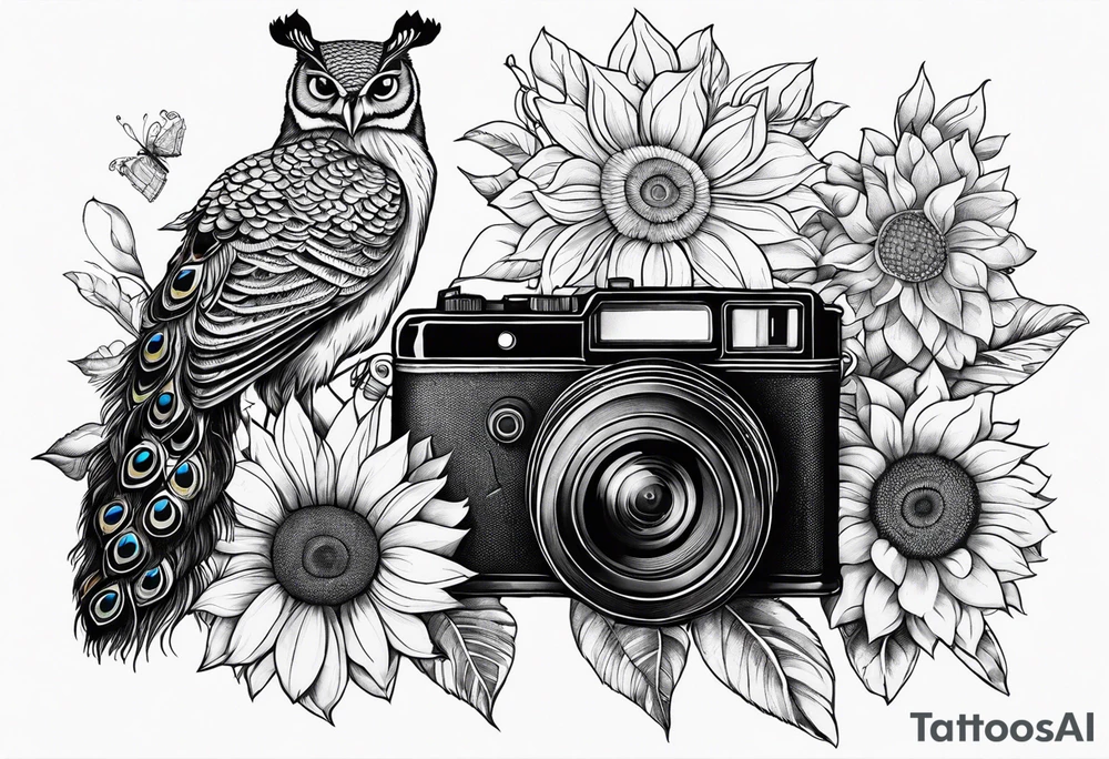 peacock, owl, book, camera , sunflower tattoo idea