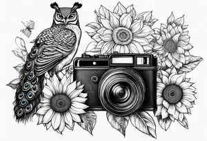 peacock, owl, book, camera , sunflower tattoo idea