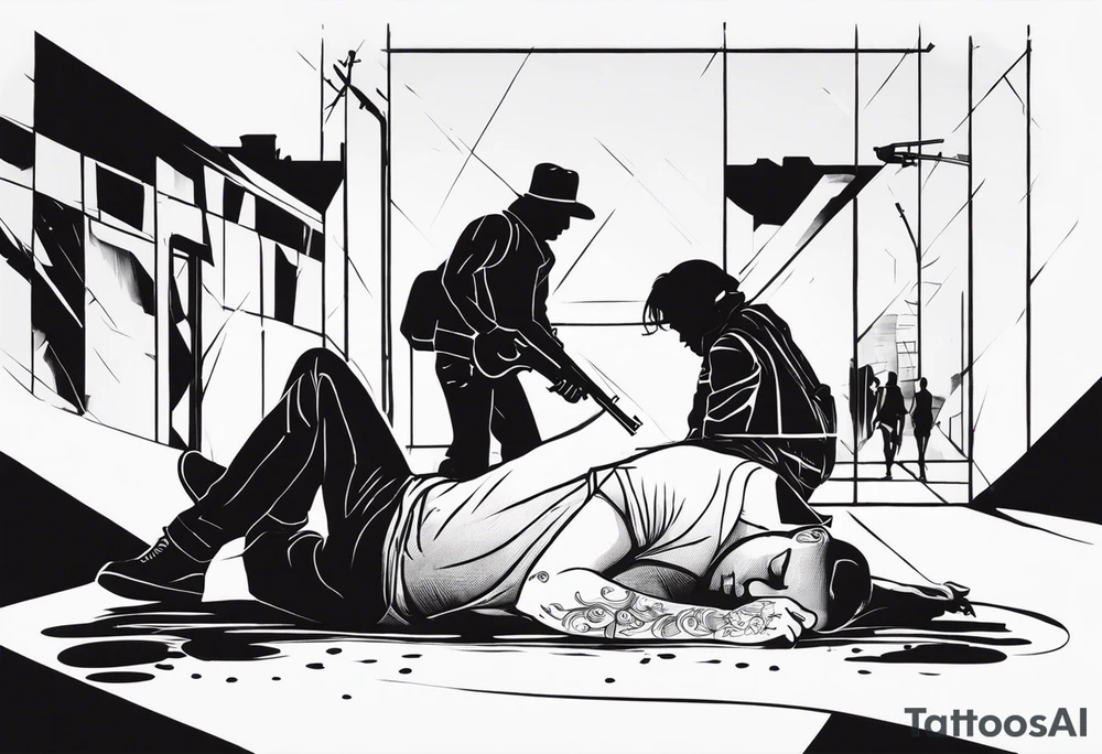 In the reflection of a eye two black siloets of people holding guns one man dead on the ground with a wounded woman standing behind him tattoo idea