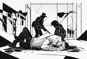 In the reflection of a eye two black siloets of people holding guns one man dead on the ground with a wounded woman standing behind him tattoo idea