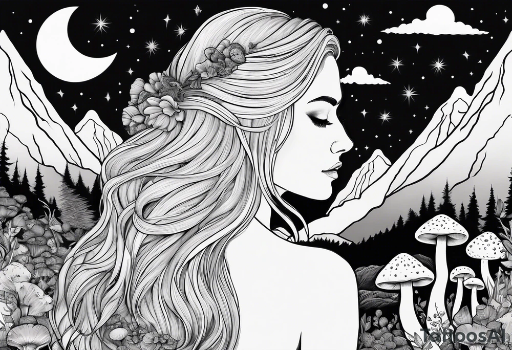 Blonde long straight hair older woman no makeup surrounded by mushrooms facing away mountains crescent moon background tattoo idea