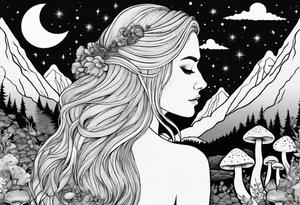 Blonde long straight hair older woman no makeup surrounded by mushrooms facing away mountains crescent moon background tattoo idea