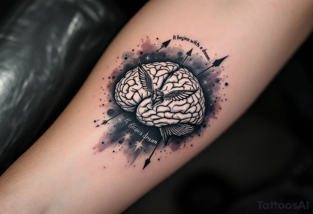 Tattoo inspired in the gifted brain in geometric and straight lines, with few watercolor details but mostly black, symbols representing intelligence, creativity and dreaming flying arround, the phrase "It begins with a dream", owl wings behind, and an arrow crossing from above, and watercolors leaking of it tattoo idea