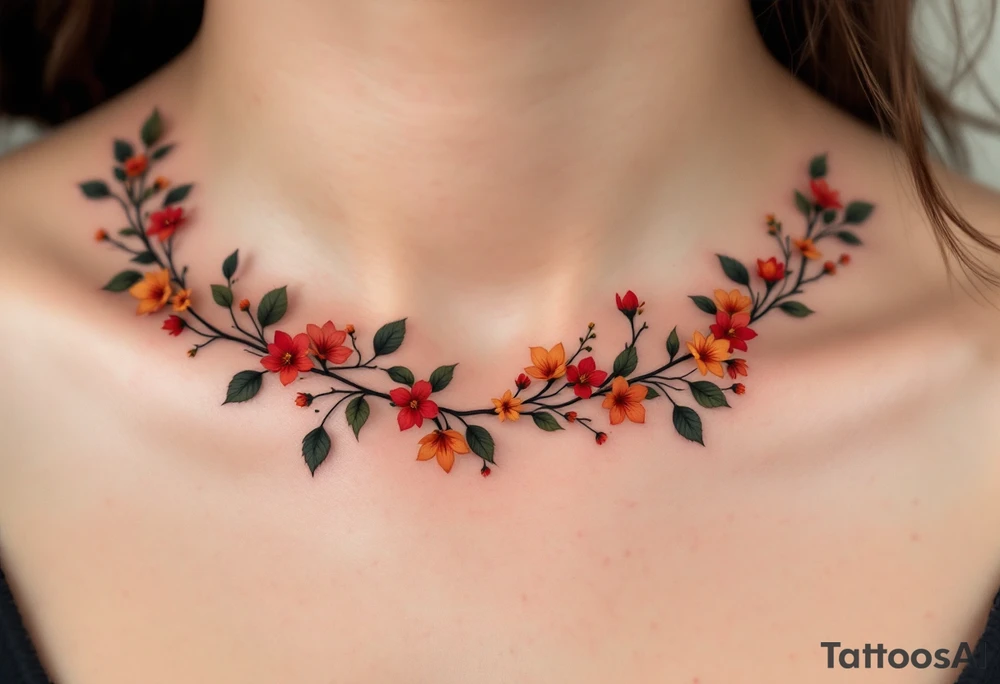 Two separate collarbone tattoos of long, stems and branches covered with red, orange, yellow and dark forest green leaves and flowers, academia, witchy, muted, delicate and gentle but moody, long and thin, following the collarbone. More muted, not so bright, darker colors. Fewer amount of leaves, larger leaves. Less flowers and leaves. tattoo idea