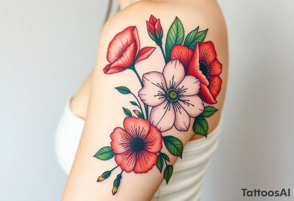 Fore arm tattoo in the neo american traditional style. I want to incorporate a few different flowers: Poppies, Morning Glory, Narcissus with green leaves in the background tattoo idea