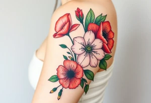 Fore arm tattoo in the neo american traditional style. I want to incorporate a few different flowers: Poppies, Morning Glory, Narcissus with green leaves in the background tattoo idea