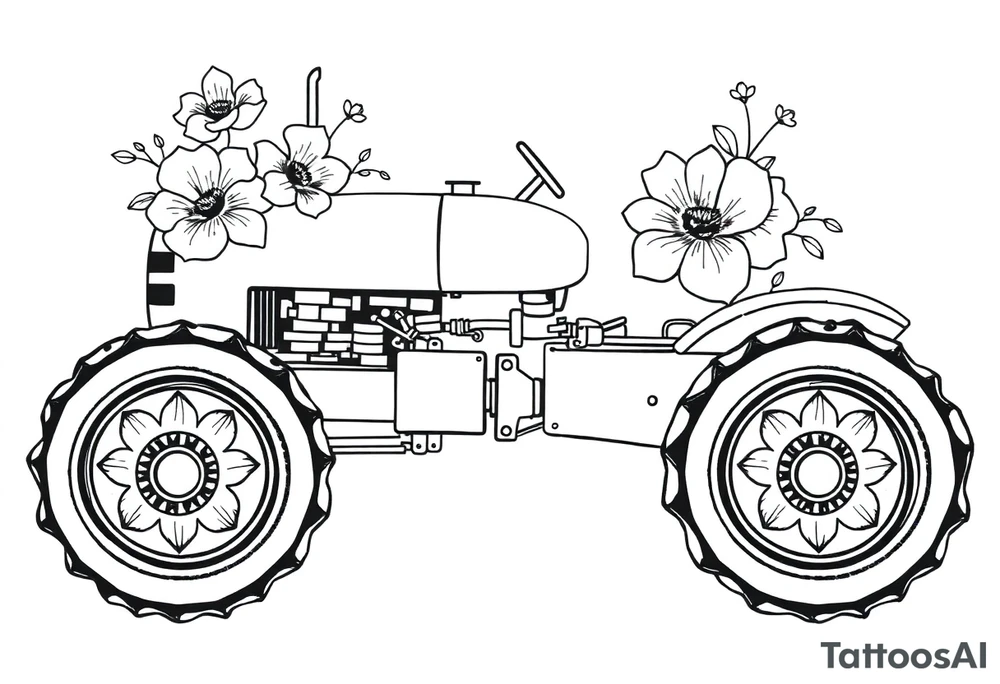 feminine tractor with flowers tattoo idea