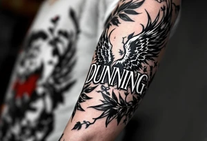 Dunning, left forearm details include angel wing, greek type of font,jungle leaves, name is big and in white color tattoo idea