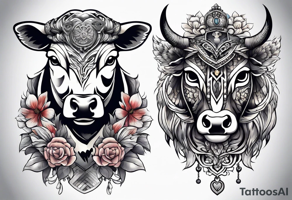 a cow and an owl standing next to each other tattoo idea
