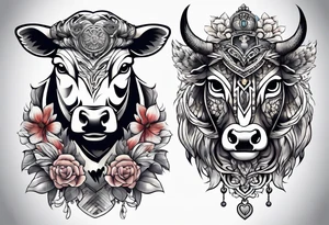 a cow and an owl standing next to each other tattoo idea