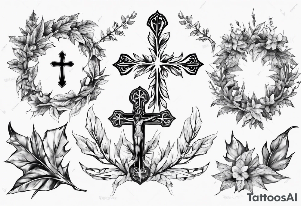 wreath leaves and the cross at the end of the leaves tattoo idea