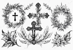 wreath leaves and the cross at the end of the leaves tattoo idea