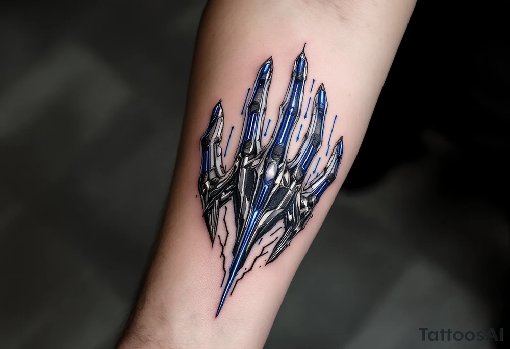 A futuristic chrome hand design with sapphire-blue energy lines tracing each finger like circuits. tattoo idea