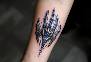 A futuristic chrome hand design with sapphire-blue energy lines tracing each finger like circuits. tattoo idea