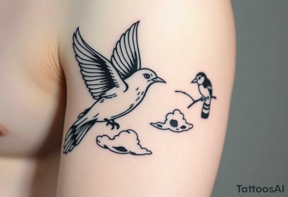Dove and a blue jay, clouds, shining light to or from heaven tattoo idea