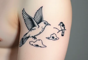 Dove and a blue jay, clouds, shining light to or from heaven tattoo idea
